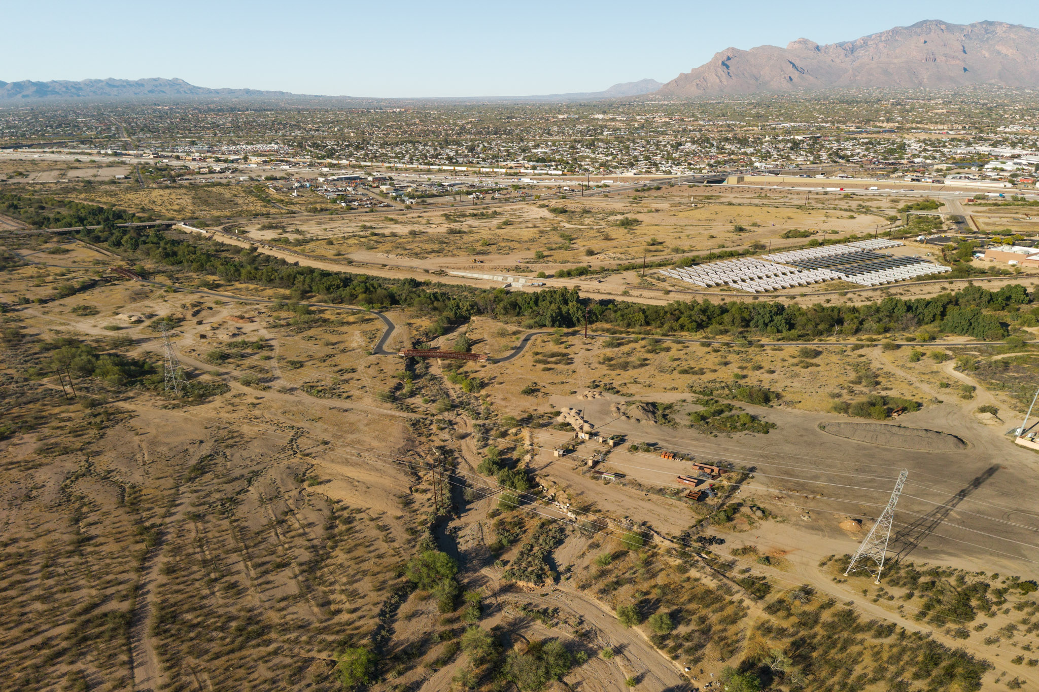 An aerial view of the landscape surrounding Danny Lopez Park on the Santa Cruz River in Tucson