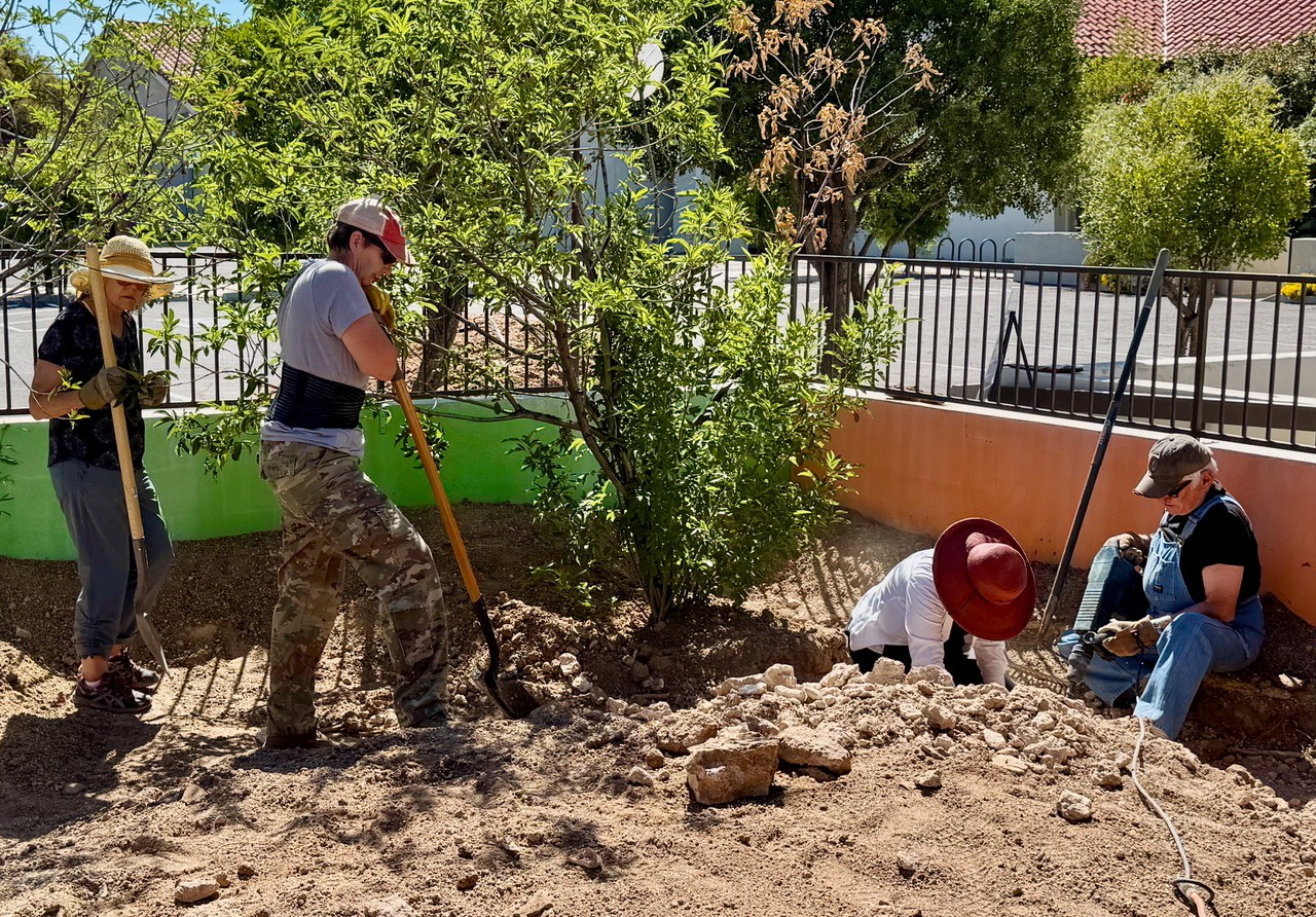 four adults digging a basin