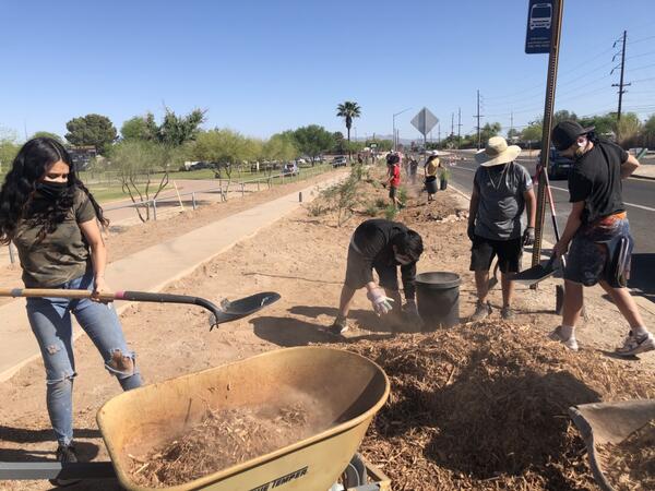 Student digging for schoolyard program work day along La Cholla Boulevard.