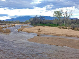 Rillito River with flow and snow Rincon Mountains in background