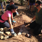 Volunteers place rocks to stabilize basins