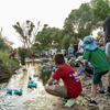 a group of people releasing origami boats into the tanque verde creek at a Watershed Management Group event